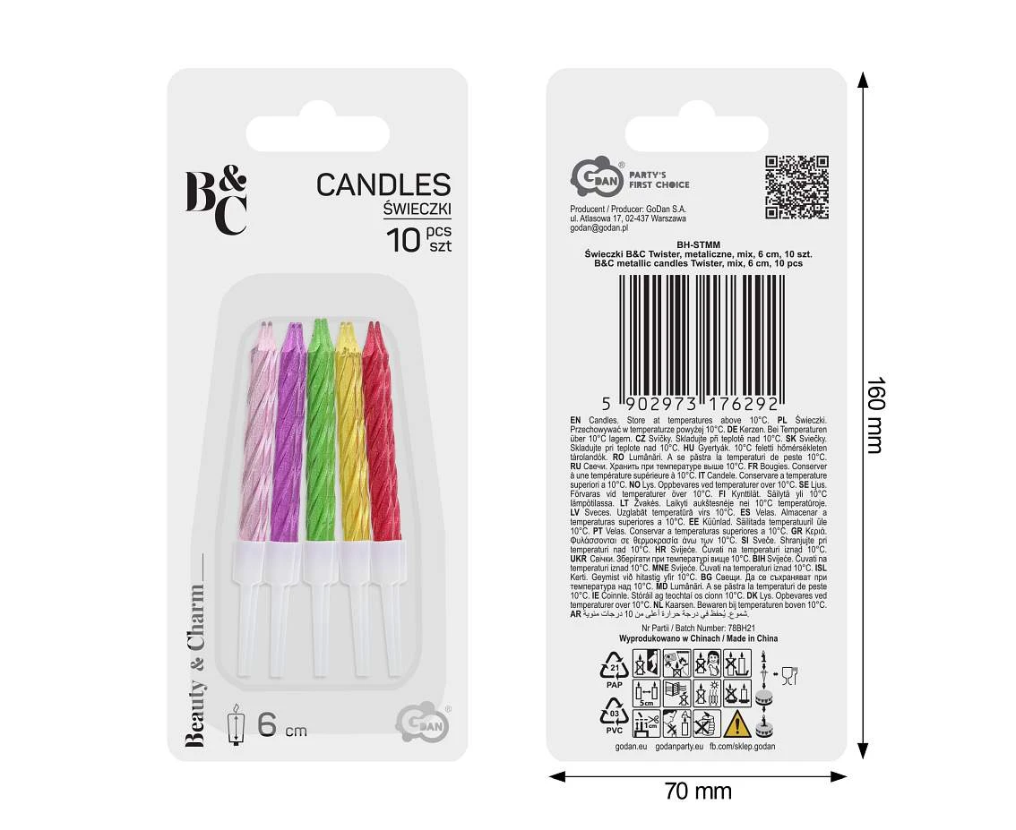 B&C metallic candles Twister, mix, 6 cm, 10 pcs