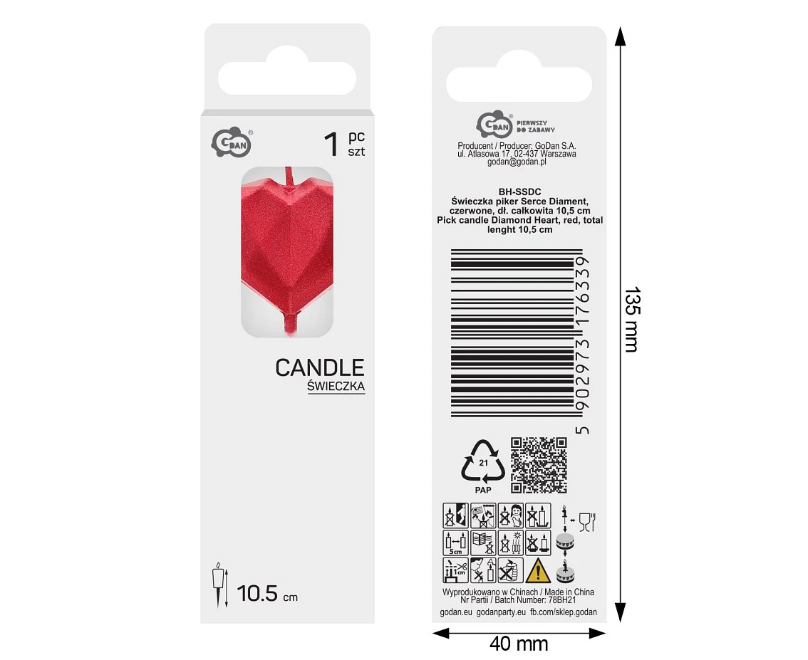 Pick candle Diamond Heart, red, total lenght 10,5 cm