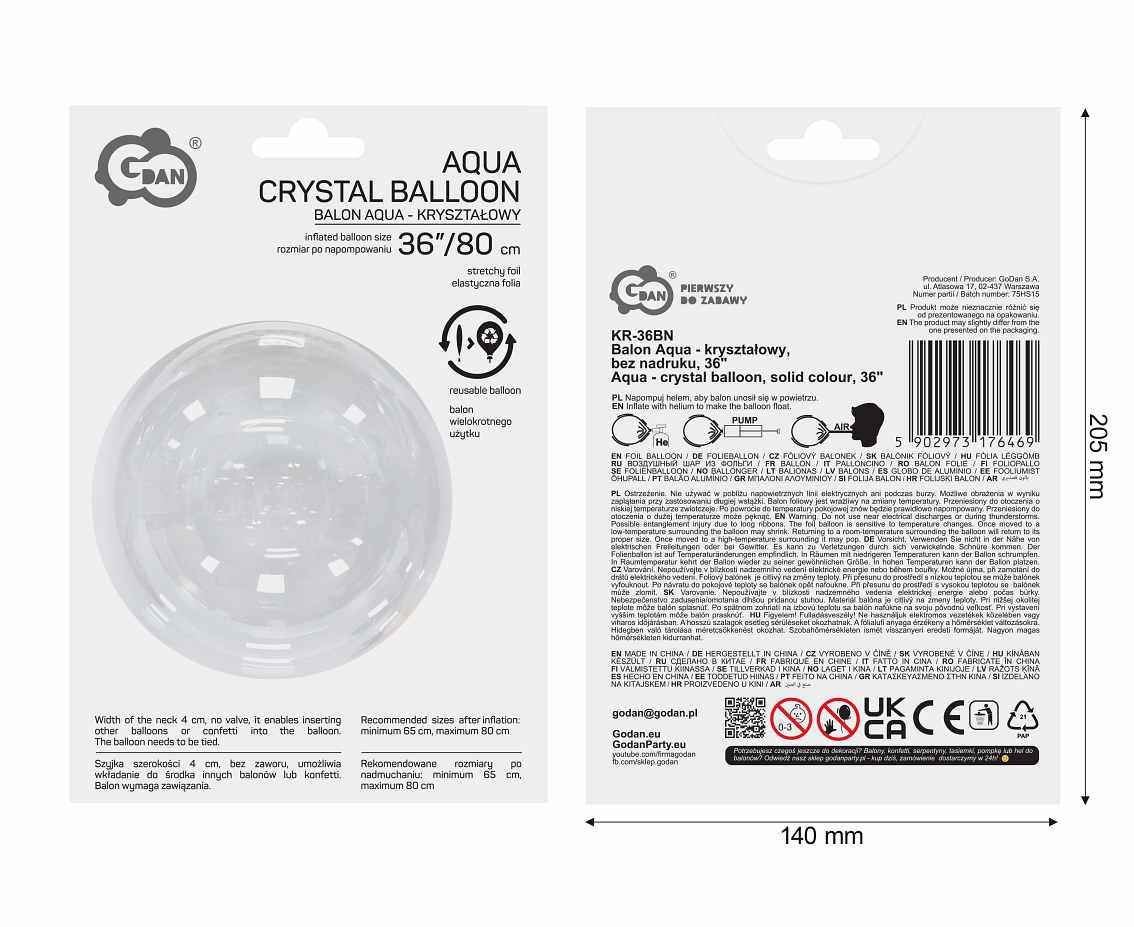 Aqua - crystal balloon, solid colour, 36"
