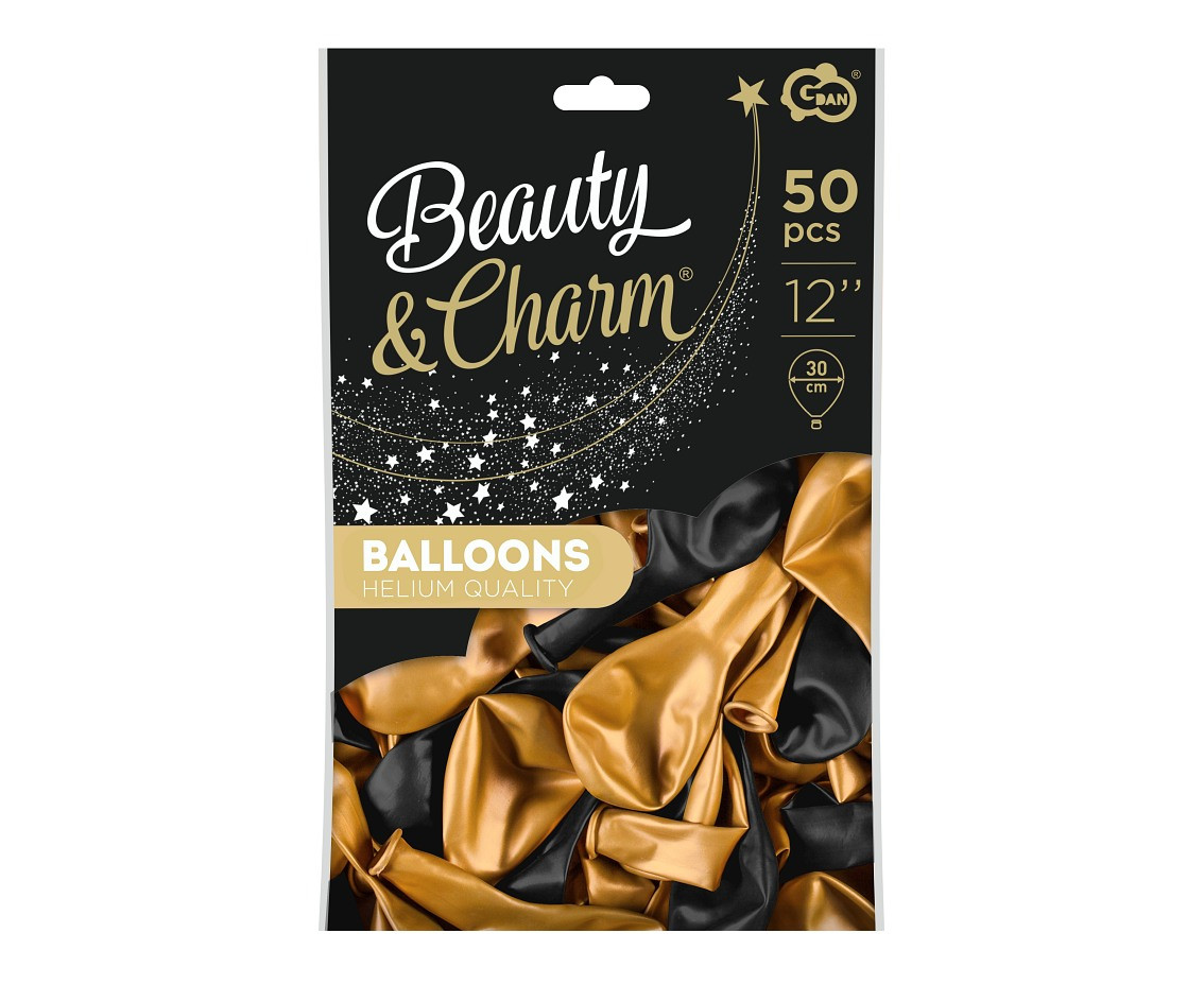 Balloons B&C 12", metallic gold and pastel black, 50pcs