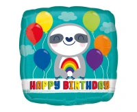 Foil balloon 18" SQR "Happy Birthday" Sloth with Rainbow, packed EOL