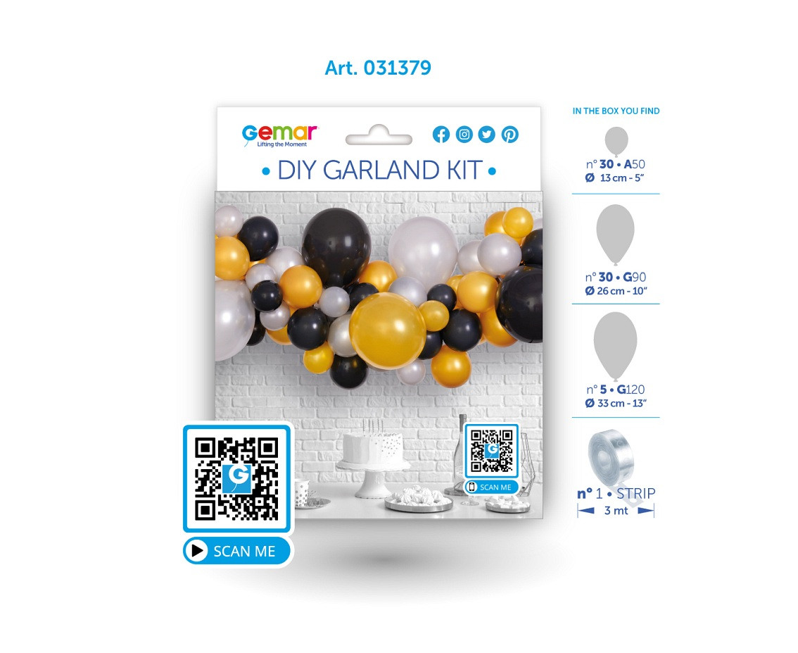 DIY balloon garland silver-gold-black, 65 balloons + tape