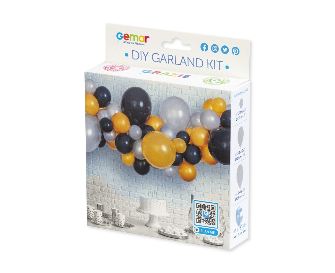 DIY balloon garland silver-gold-black, 65 balloons + tape