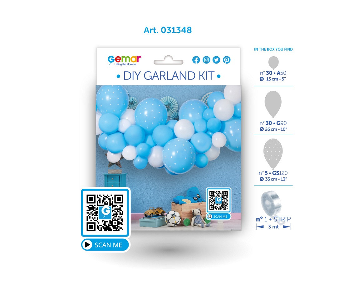 Balloons Gemar, diy garland baby blue + tape, 65pcs