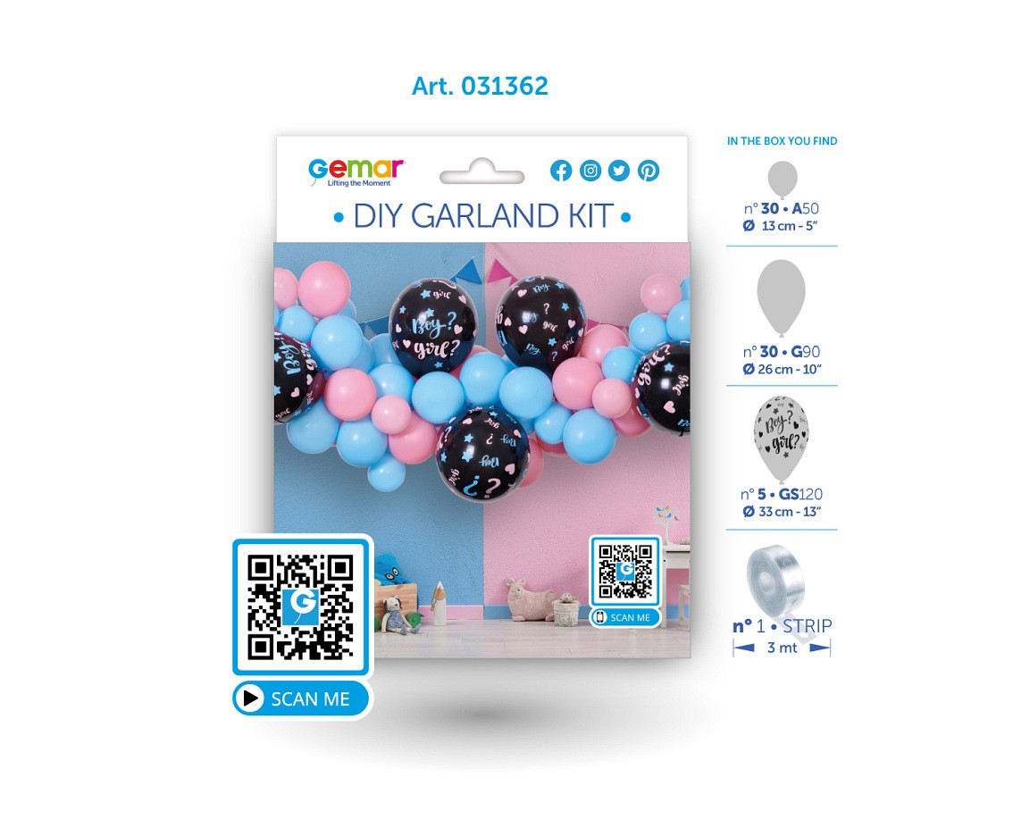 DIY balloon garland He or She, 65 balloons + tape