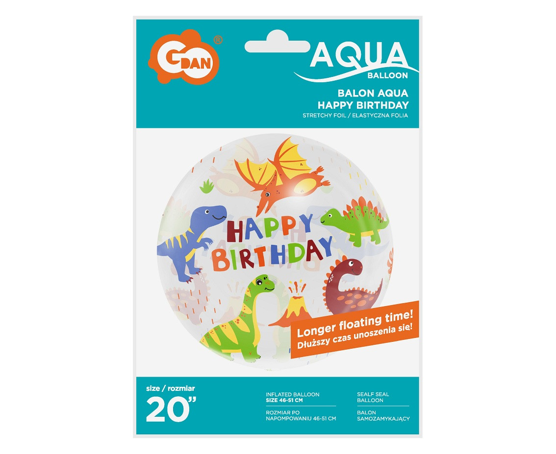 Aqua - crystal balloon Happy Birthday (dinosaurs), 20" EOL