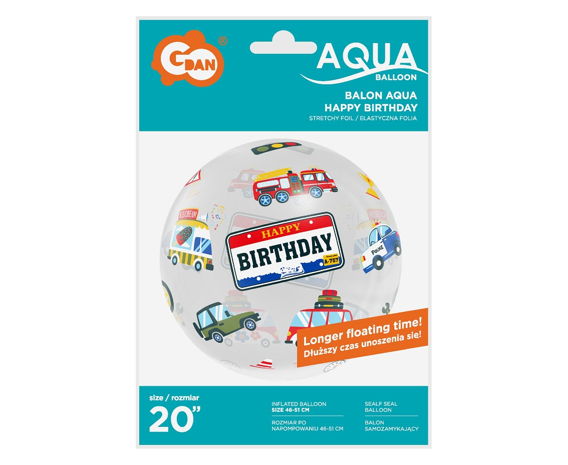 Aqua - crystal balloon Happy Birthday (vehicles), 20" EOL