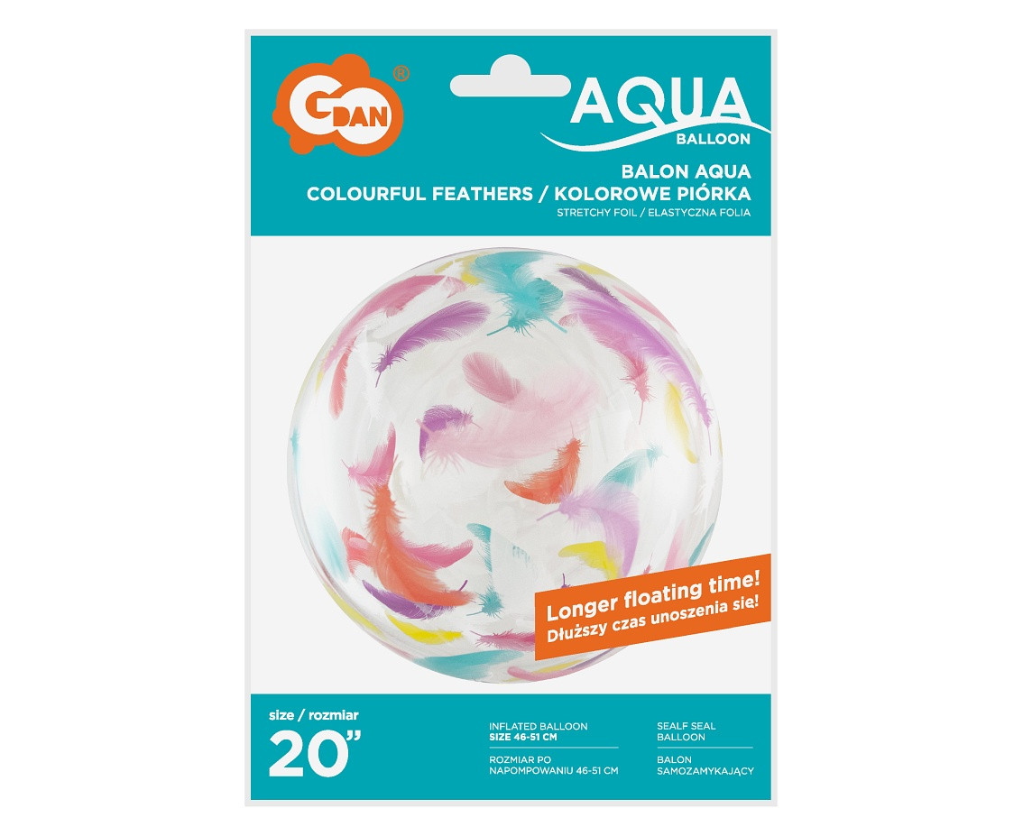 Aqua - crystal balloon, colourful feathers, 20" EOL