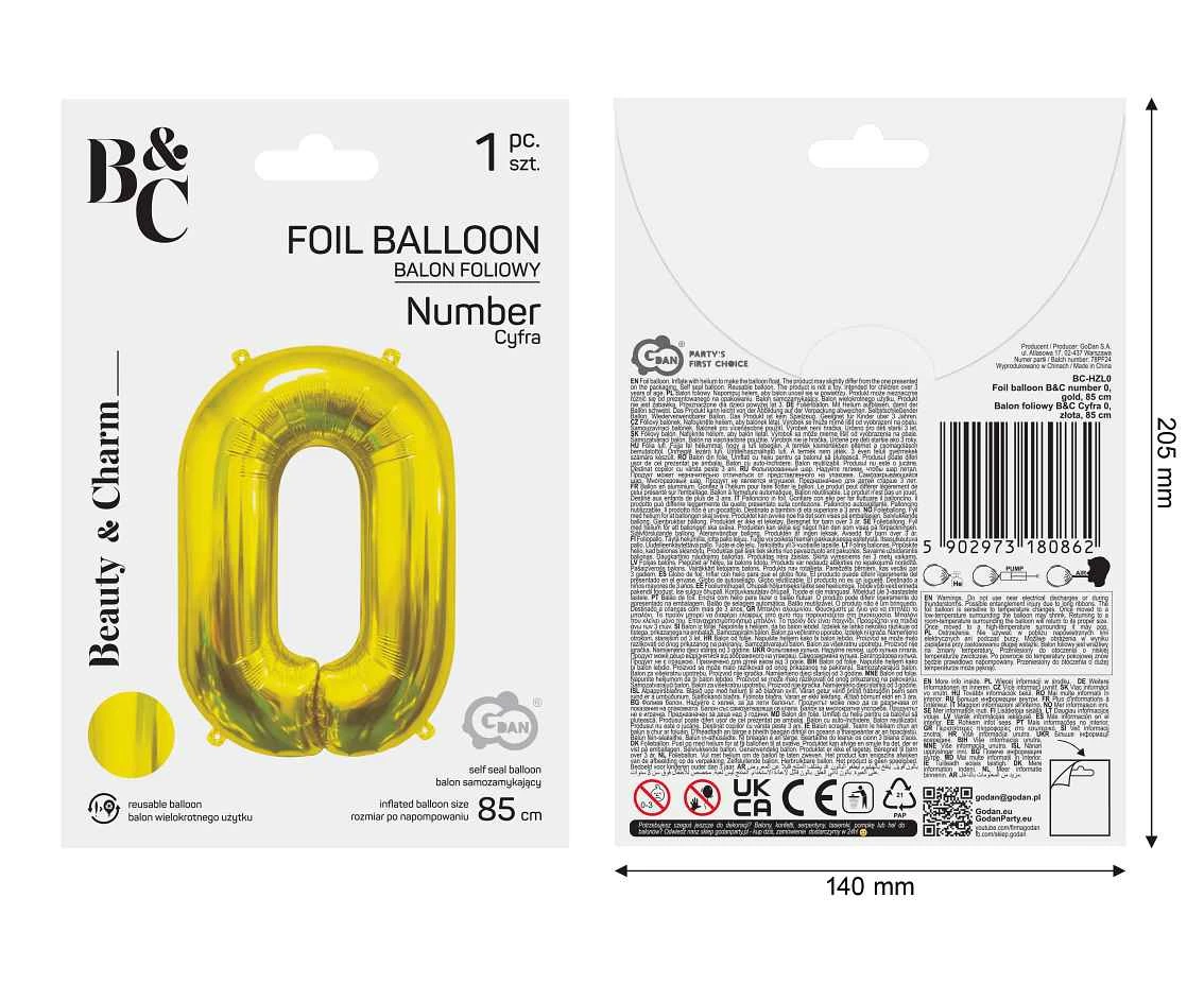 Foil Balloon B&C Number 0, Gold, 85 cm