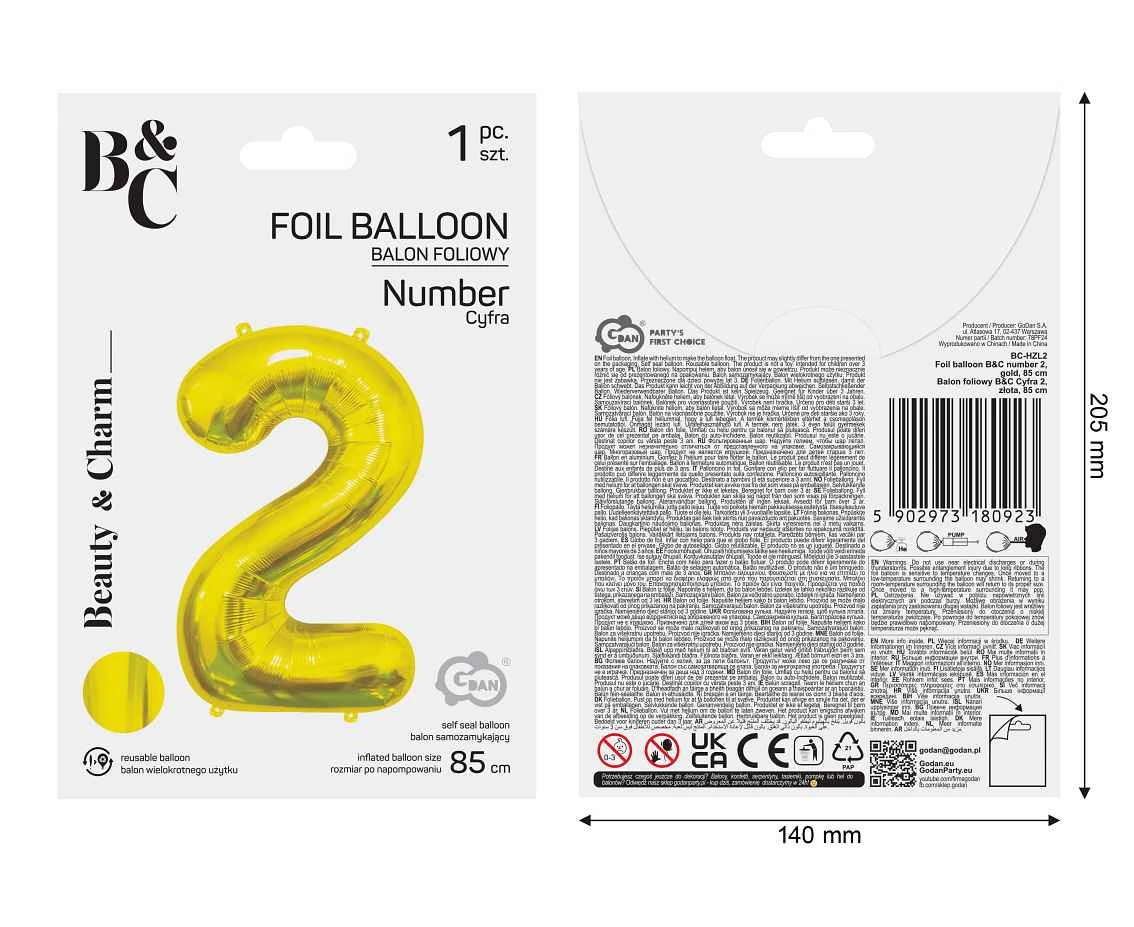 Foil Balloon B&C Number 2, Gold, 85 cm