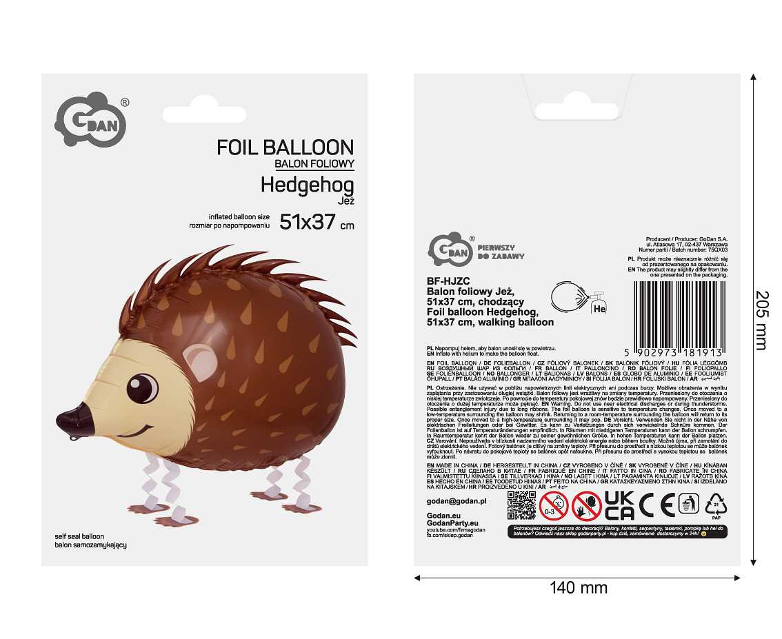 Foil balloon Hedgehog, 51x37cm, walking balloon