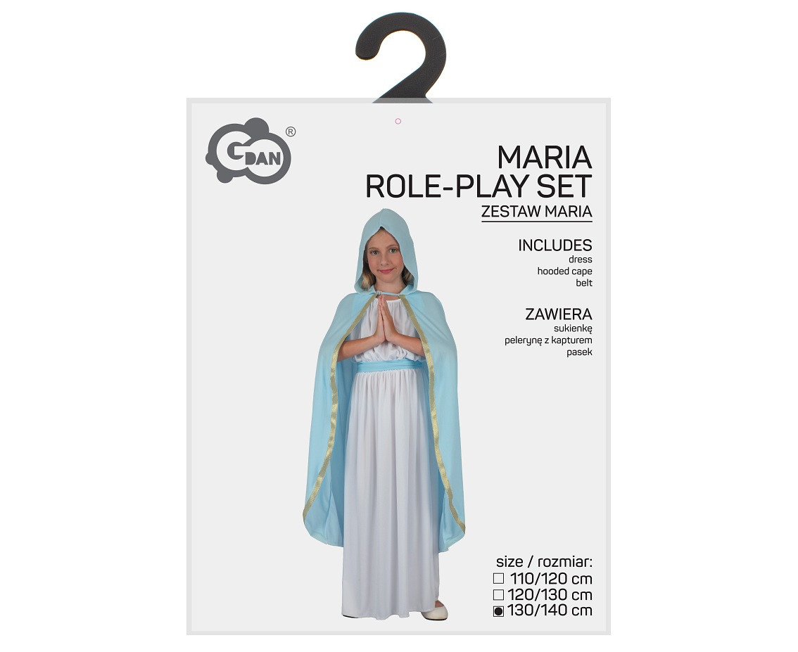 Maria role-play set for kids (dress, hooded cape, belt), size 130/140 cm
