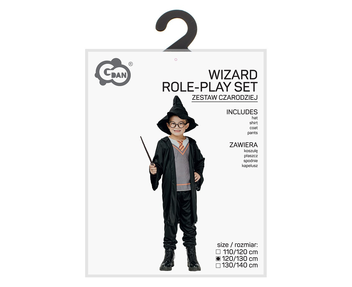 Wizard role-play set for kids (hat, shirt, coat, pants), size 120/130 cm