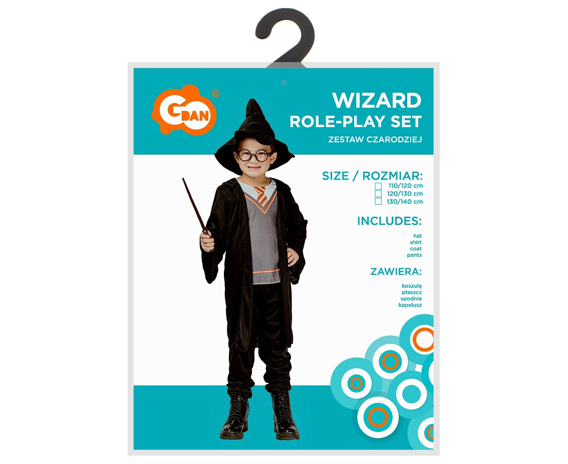 Wizard role-play set for kids (hat, shirt, coat, pants), size 130/140 cm