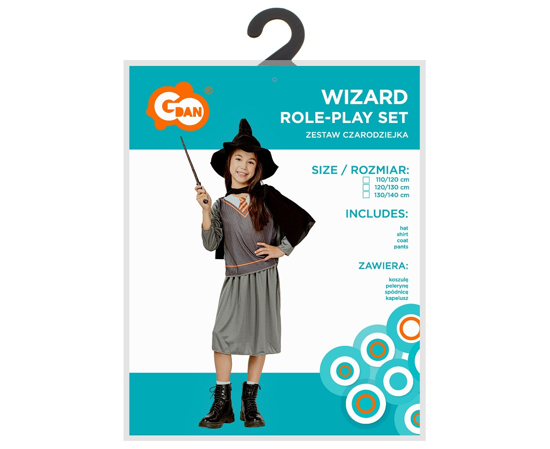 Wizard role-play set for kids (hat, shirt, coat, skirt), size 130/140 cm