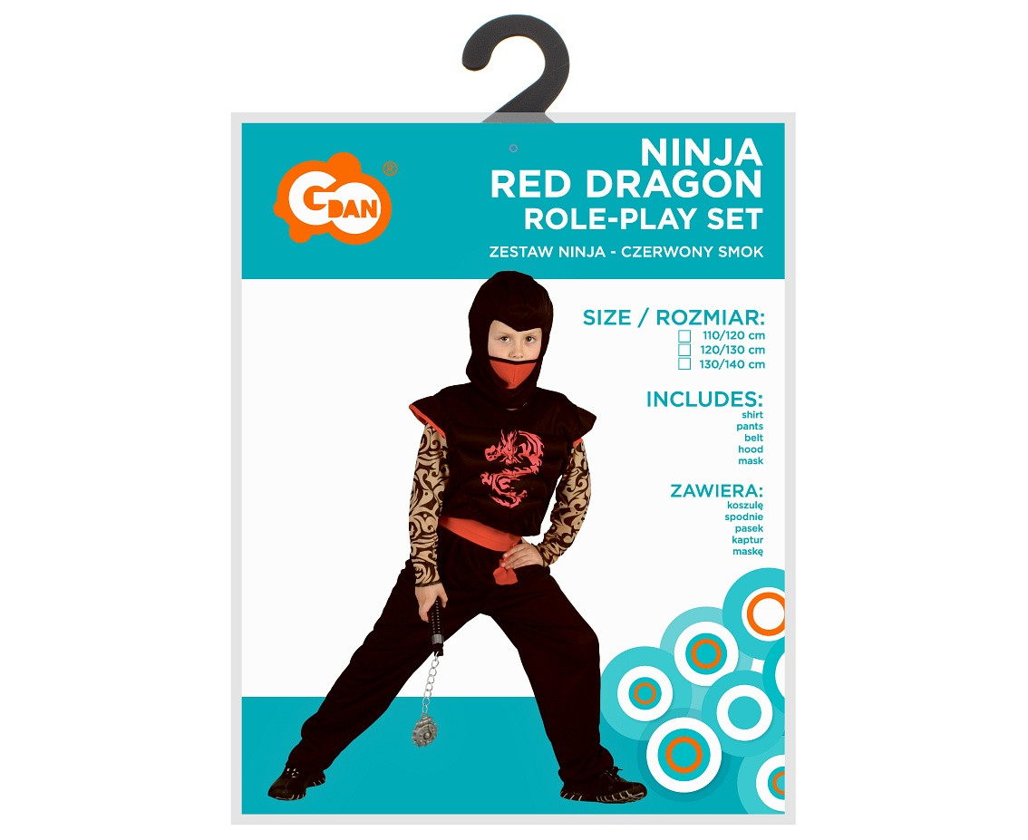 Ninja-Red Dragon role-play set for kids (shirt, pants, belt, hood, mask), size 120/130 cm
