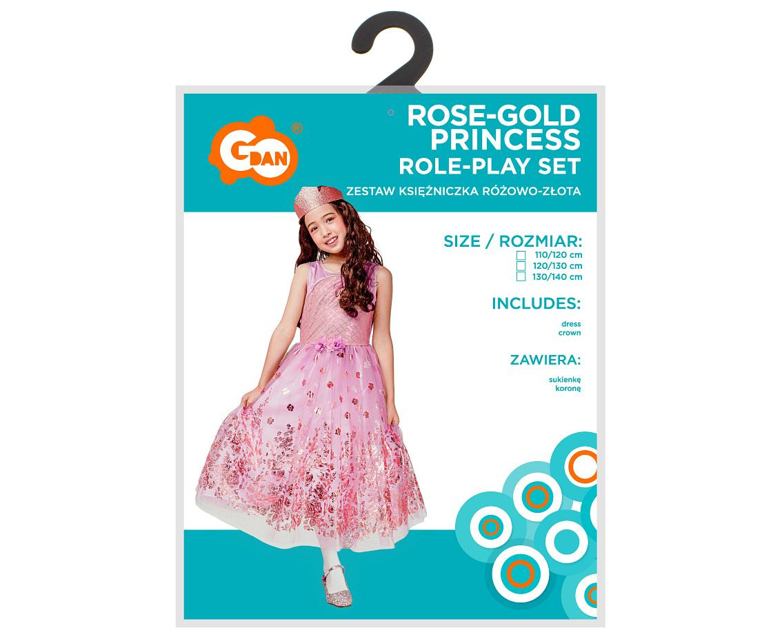 Rose-gold Princess role-play set for kids (dress, crown), size 120/130 cm
