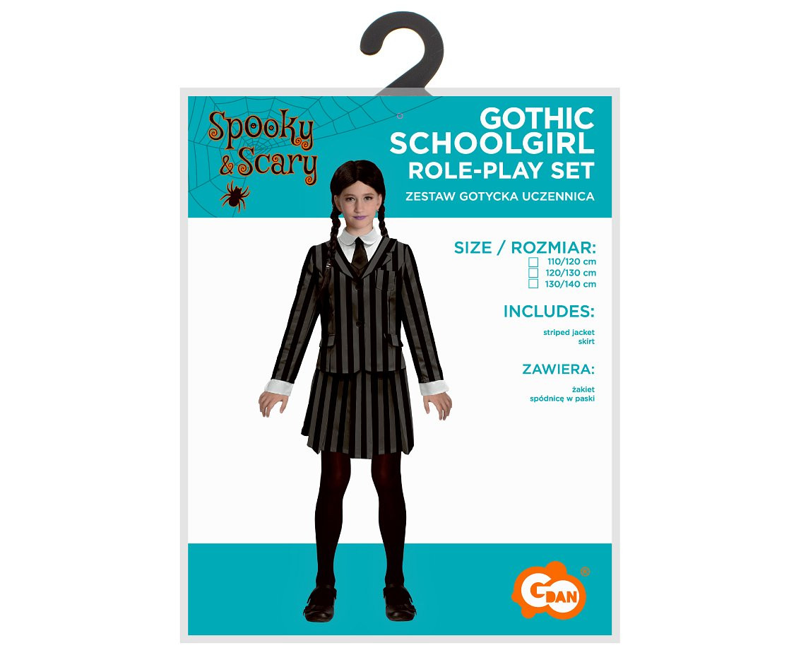 Gothic Schoolgirl role-play set for kids (stripped jacket, skirt, tie), size 130/140 cm