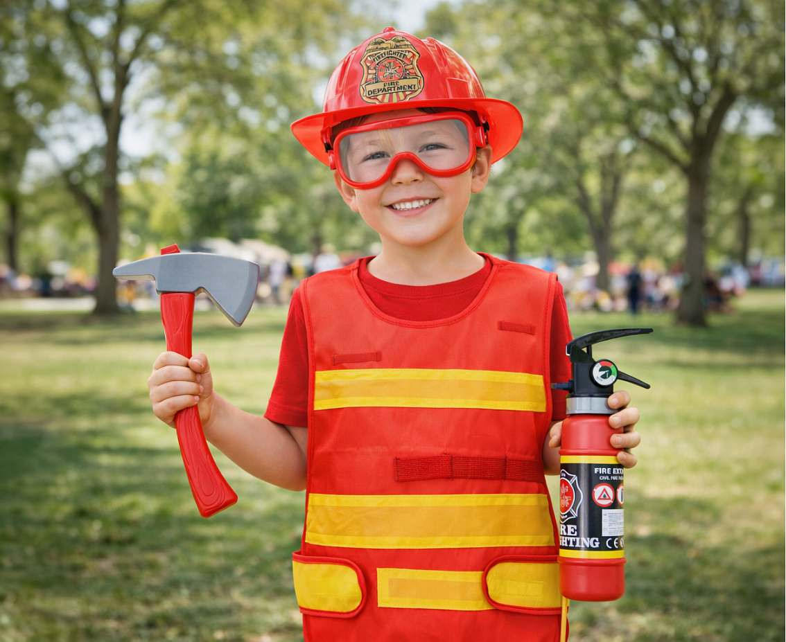 Fireman Set (vest, helmet, fire extinguisher, hatchet, goggles)
