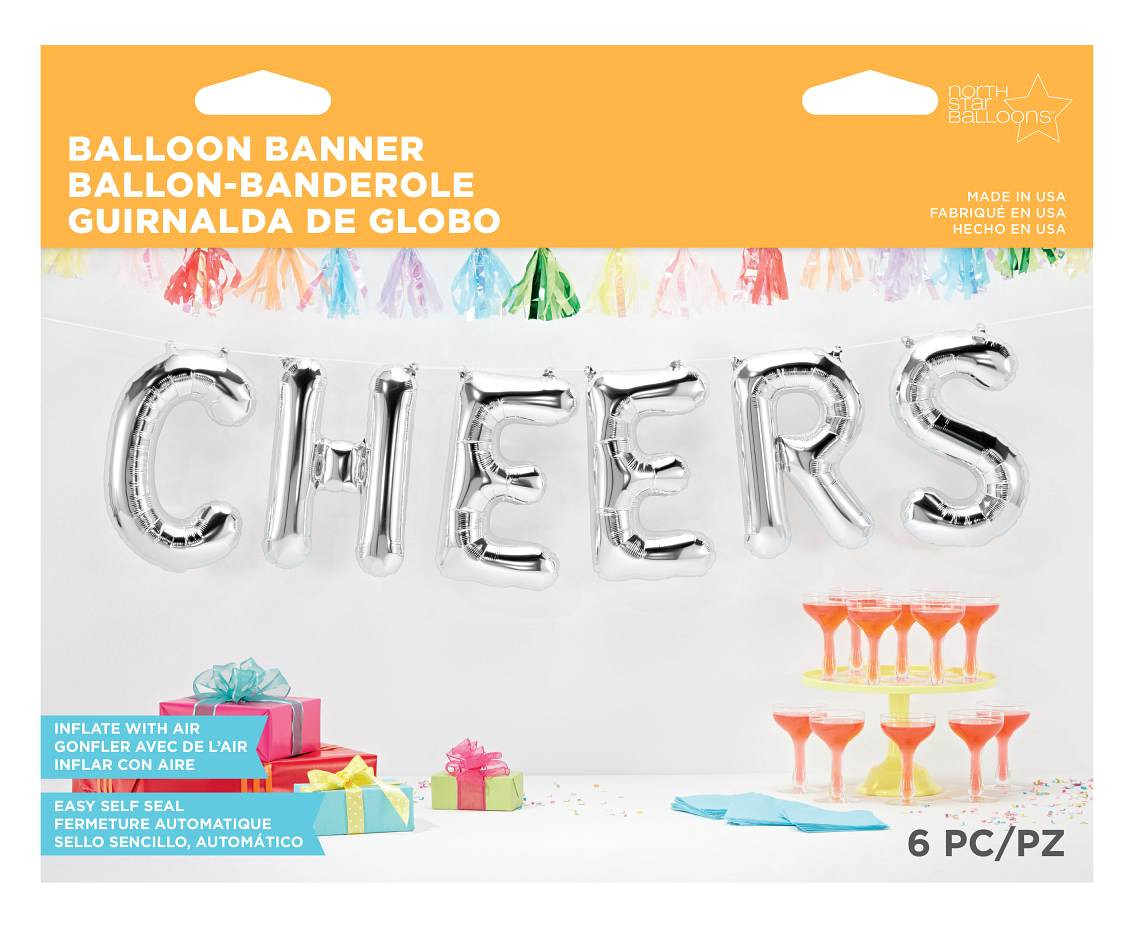 Foil balloon 16" QL "Cheers" letters, silver EOL