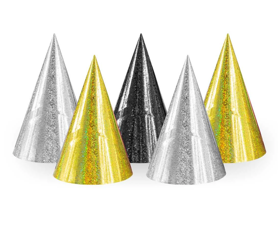 Set "5 holographic hats" , 2 gold, 2 silver, 1 black
