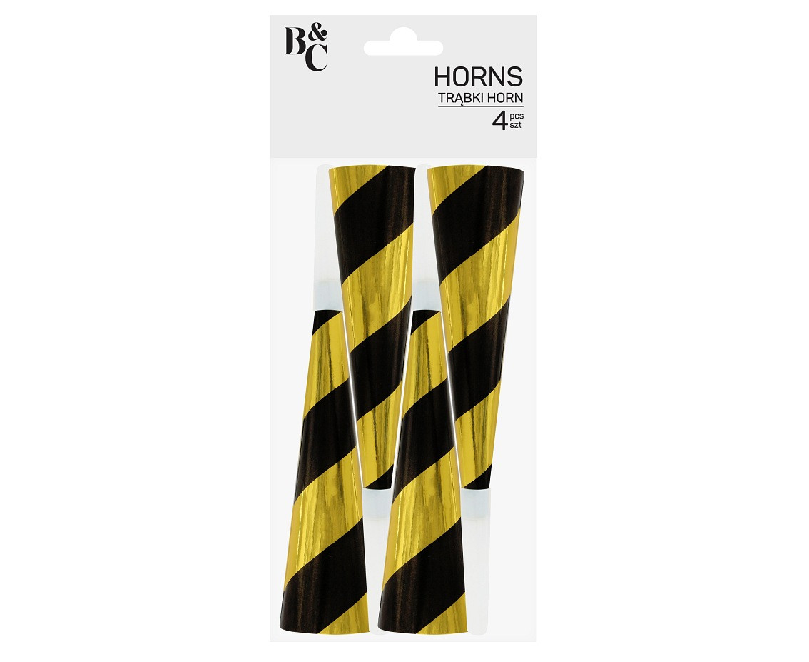 Black and gold party horns, 4 pcs, 20 cm