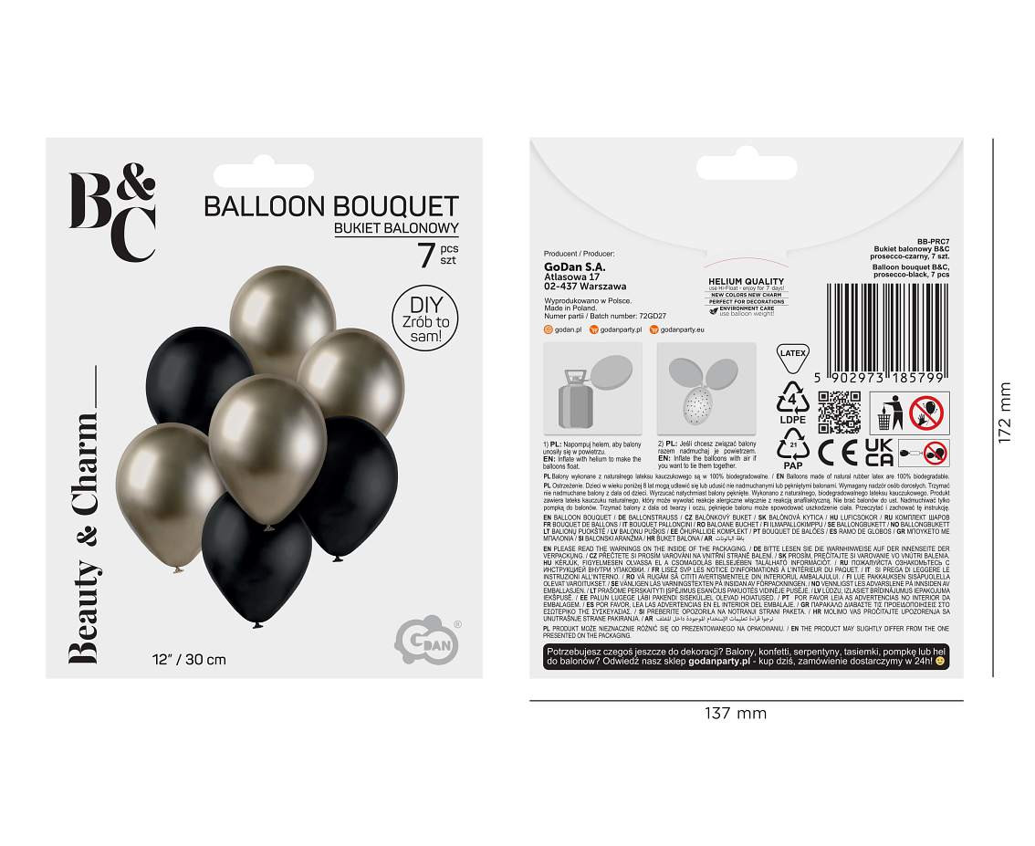 Balloon bouquet B&C, prosecco-black / 7 pcs