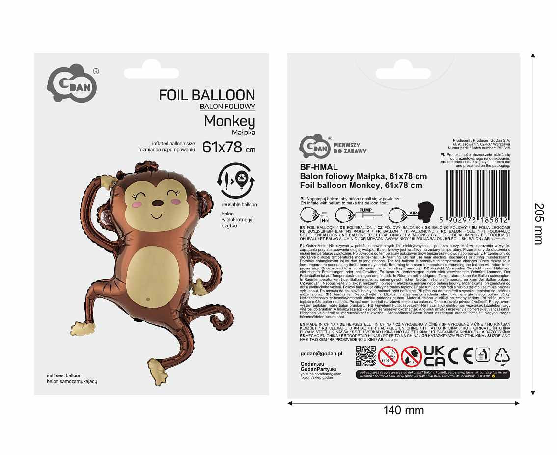Foil balloon Monkey, 61x78 cm EOL