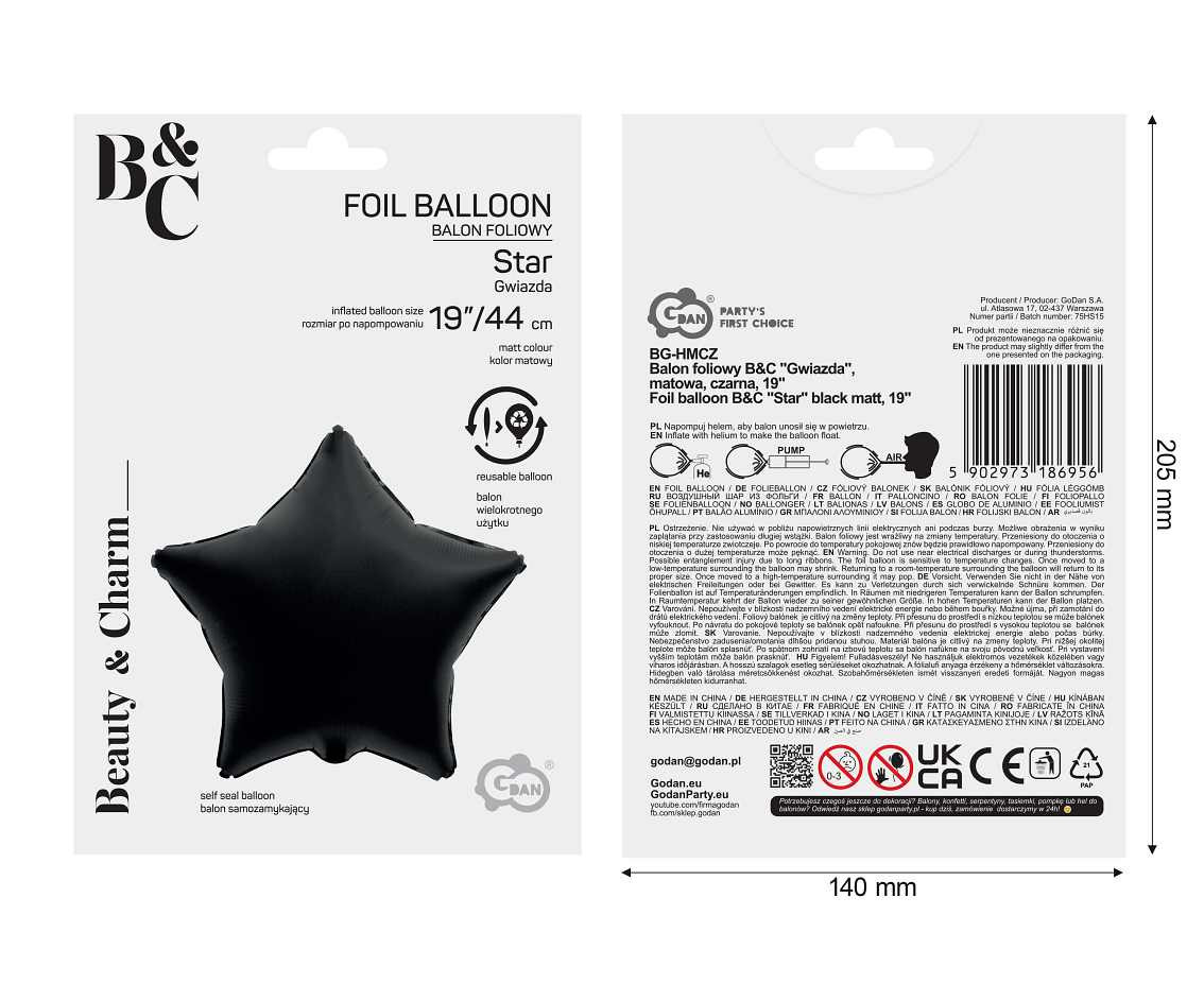 Foil balloon B&C "Star" black matt, 19" EOL