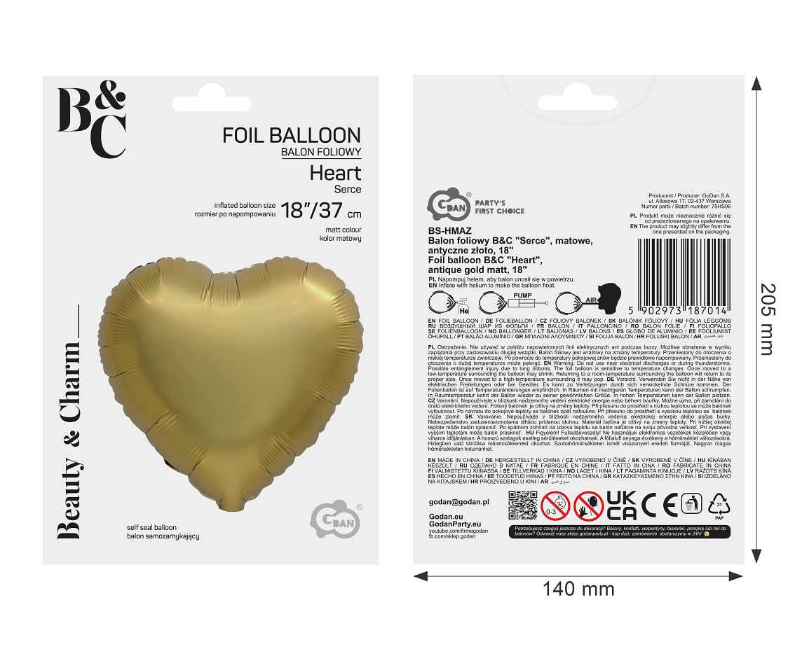 Foil balloon B&C "Heart", antique gold matt, 18"