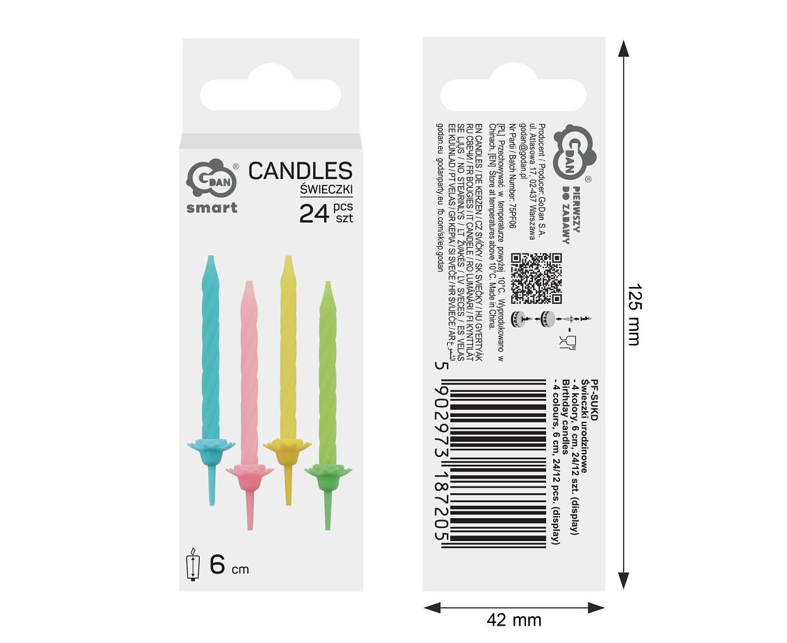 Birthday candles - 4 colours, 6 cm, 24/12 pcs. (display)