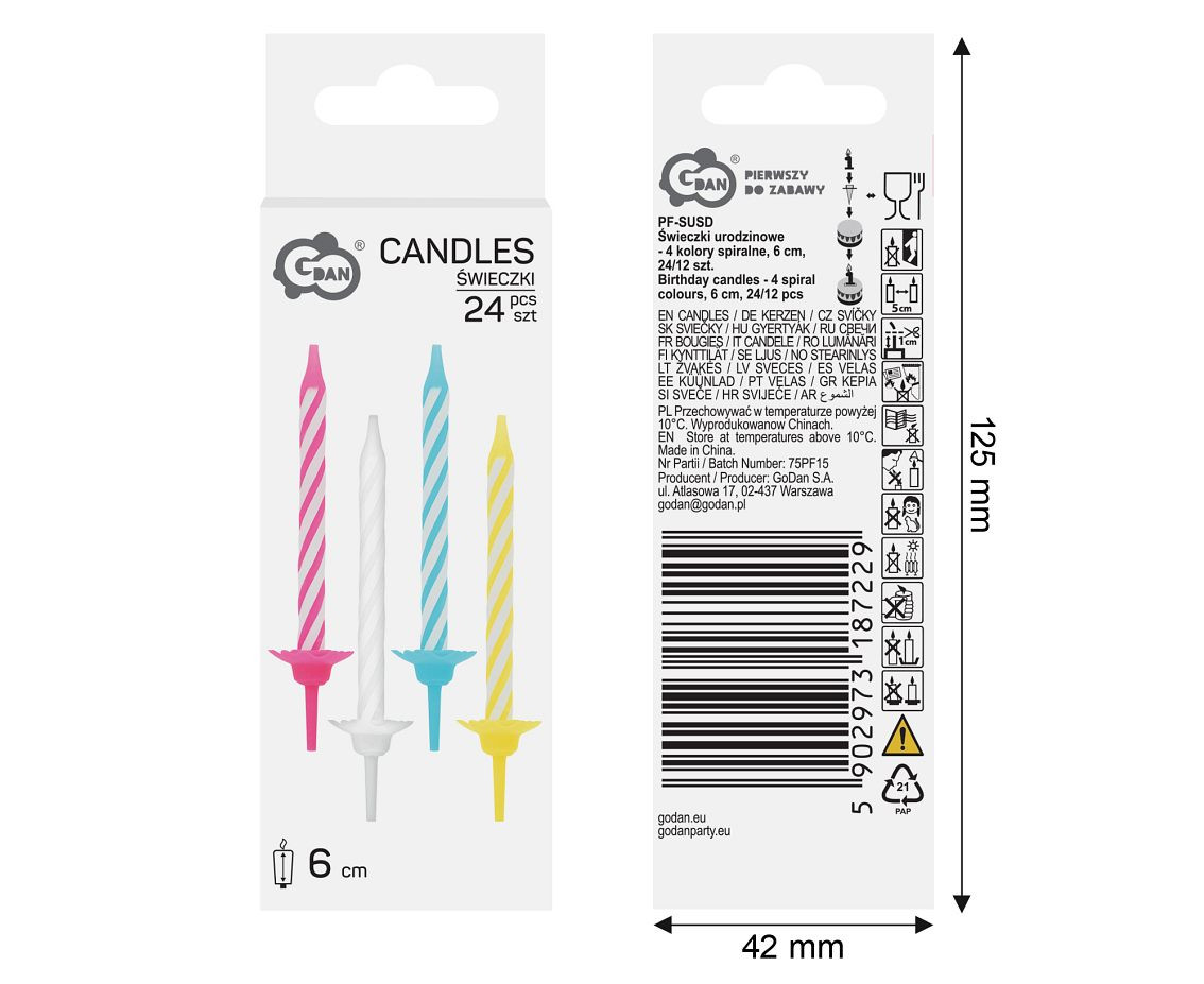 Birthday candles - 4 spiral colours, 6 cm, 24/12 pcs.