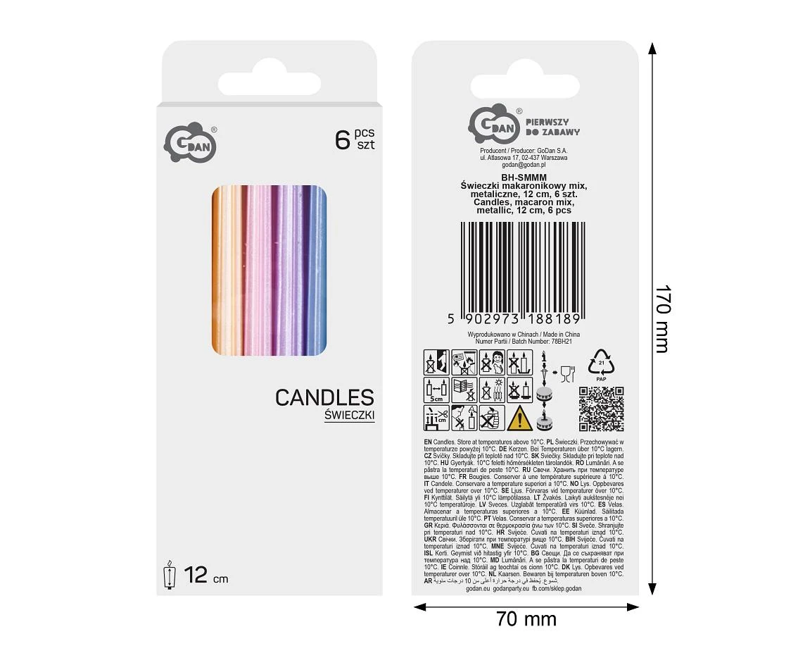 Candles, macaron mix, metallic, 12 cm, 6 pcs