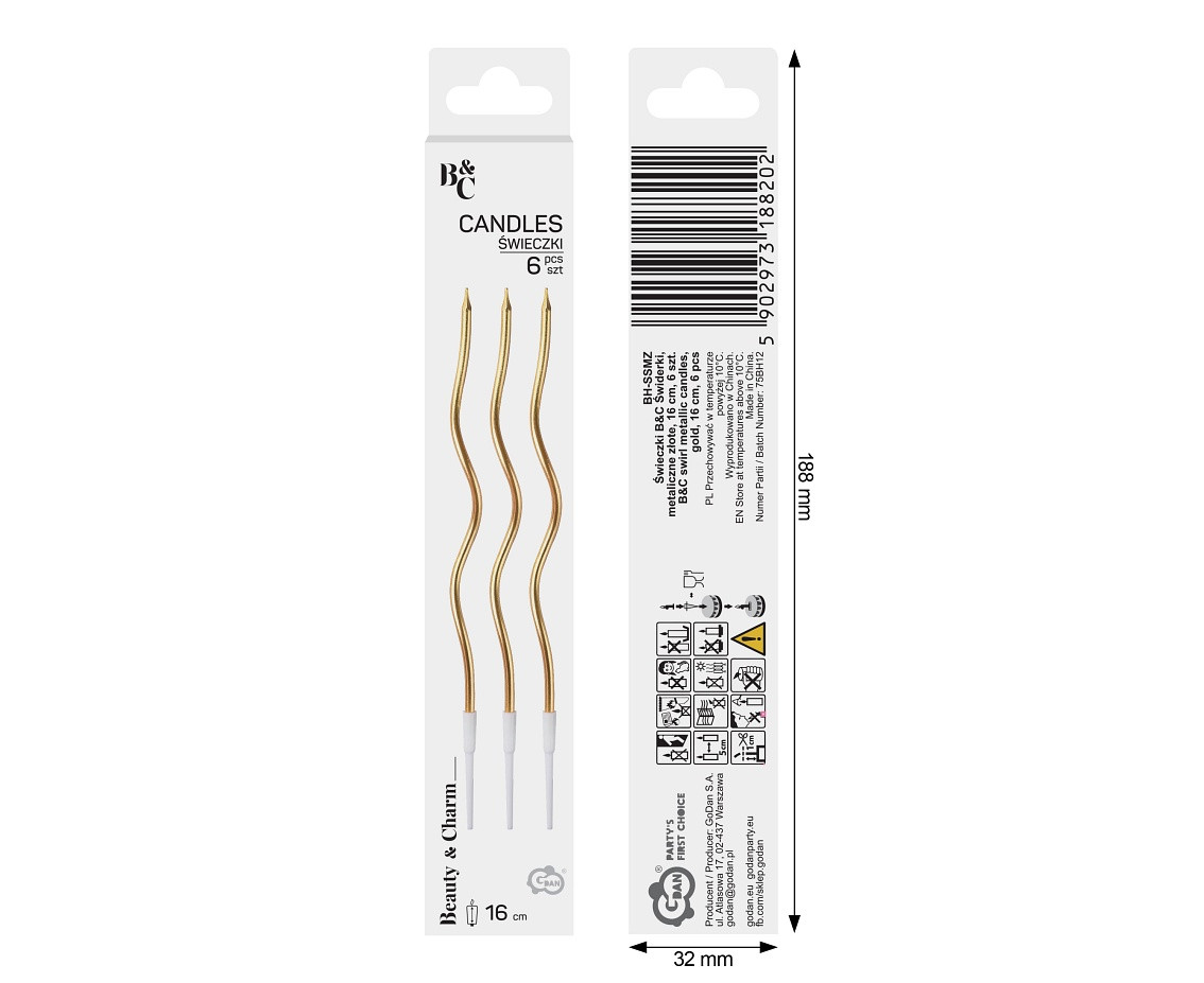 B&C swirl metallic candles, gold, 16 cm, 6 pcs