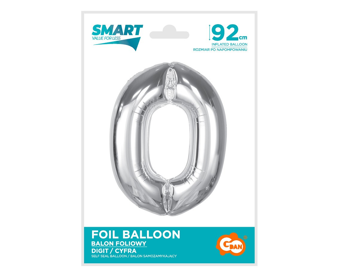 Foil balloon Smart, number 0, silver, 92 cm EOL