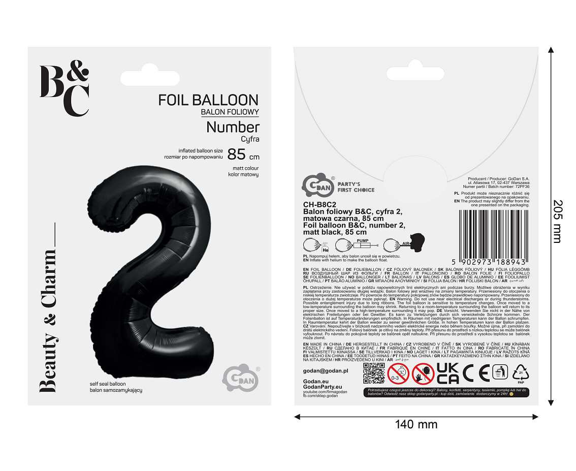 Foil balloon B&C, number 2, matt black, 85 cm