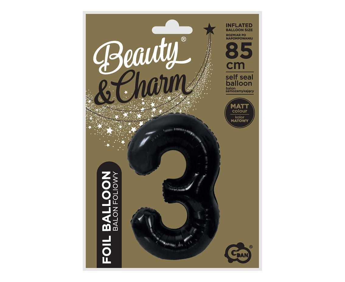 Foil balloon B&C, number 3, matt black, 85 cm
