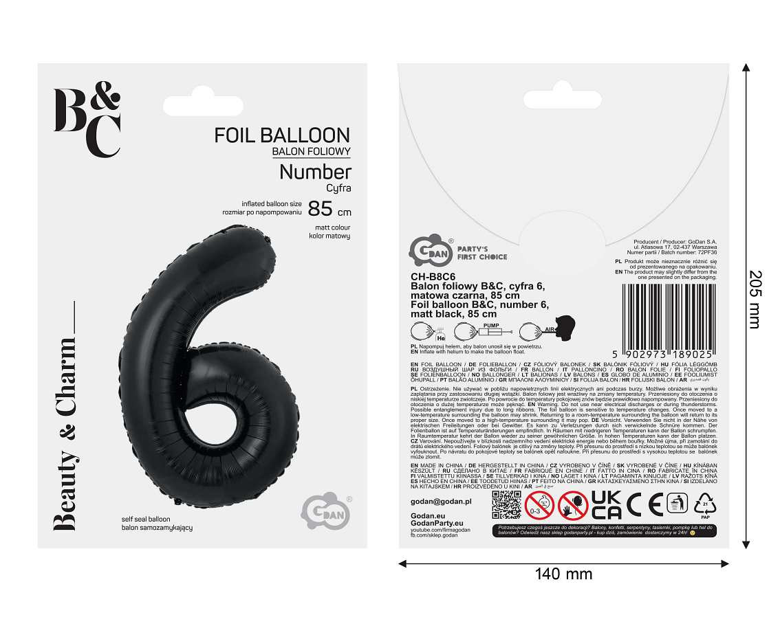 Foil balloon B&C, number 6, matt black, 85 cm