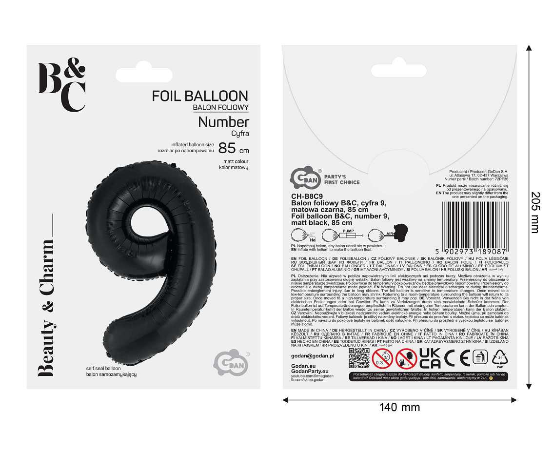 Foil balloon B&C, number 9, matt black, 85 cm