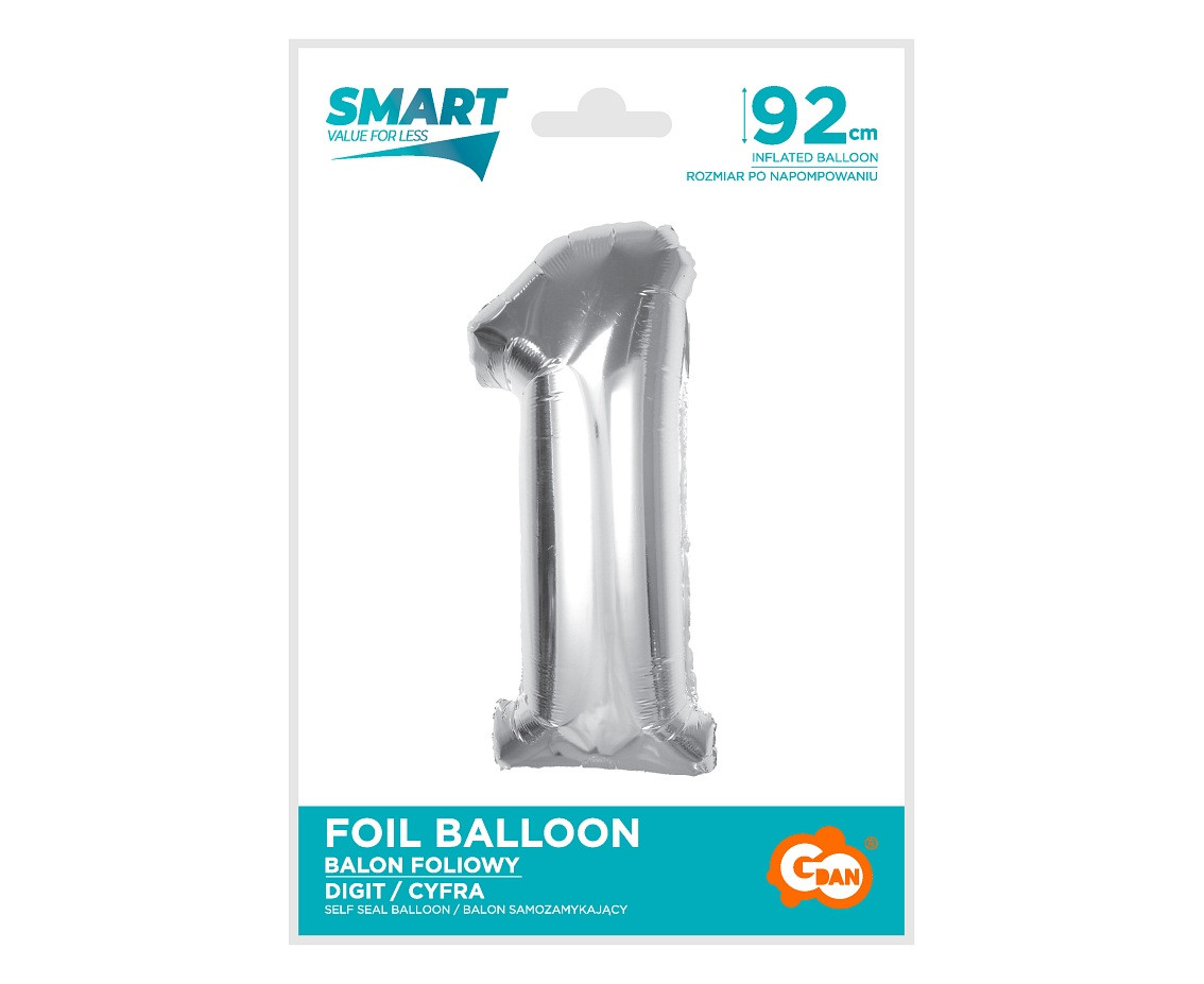 Foil balloon Smart, number 1, silver, 92 cm EOL