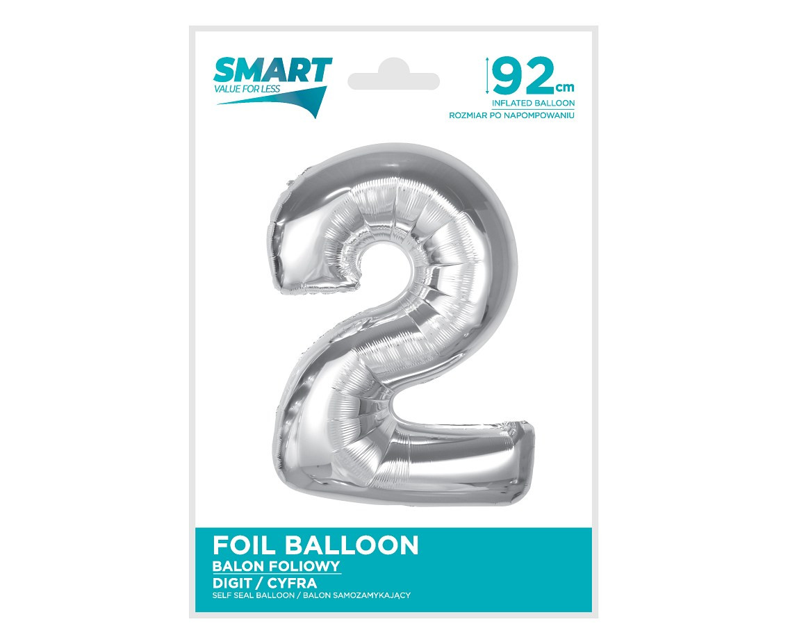 Foil balloon Smart, number 2, silver, 92 cm EOL