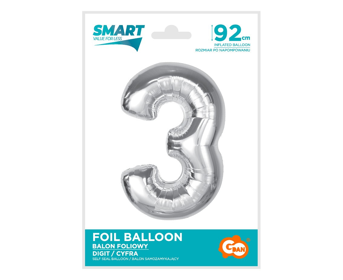 Foil balloon Smart, number 3, silver, 92 cm EOL