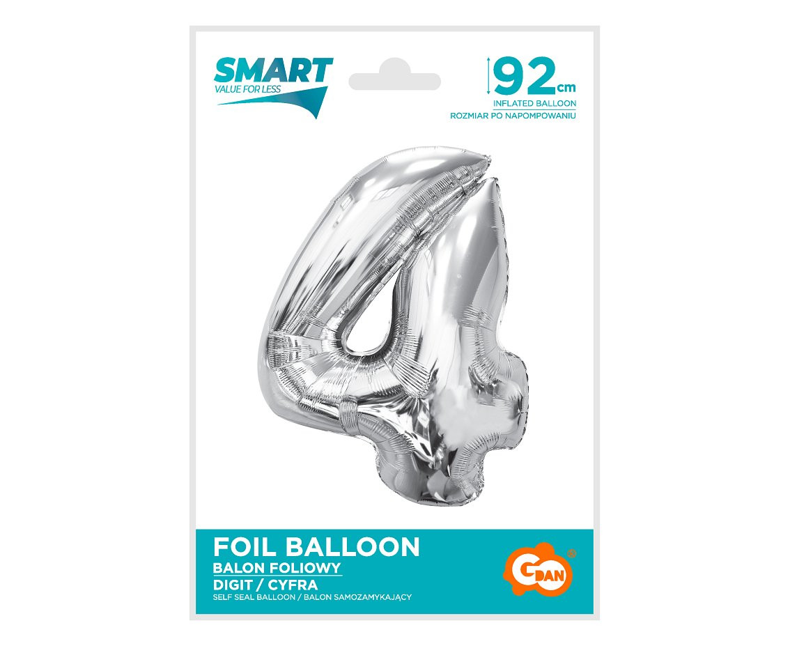 Foil balloon Smart, number 4, silver, 92 cm EOL