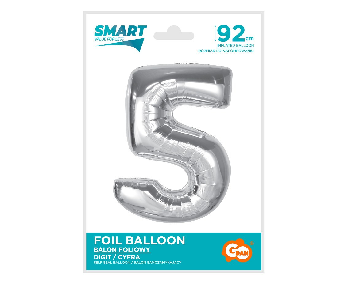 Foil balloon Smart, number 5, silver, 92 cm EOL