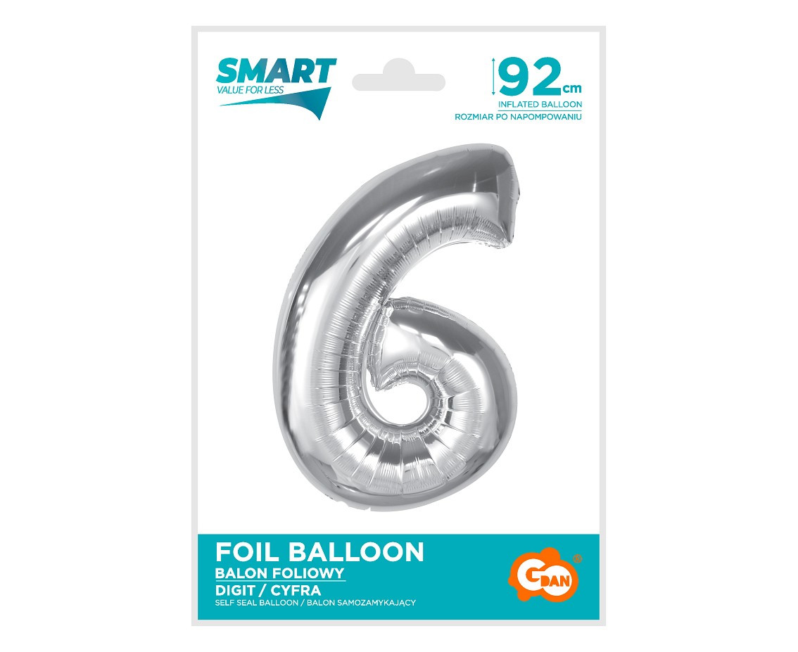 Foil balloon Smart, number 6, silver, 92 cm EOL