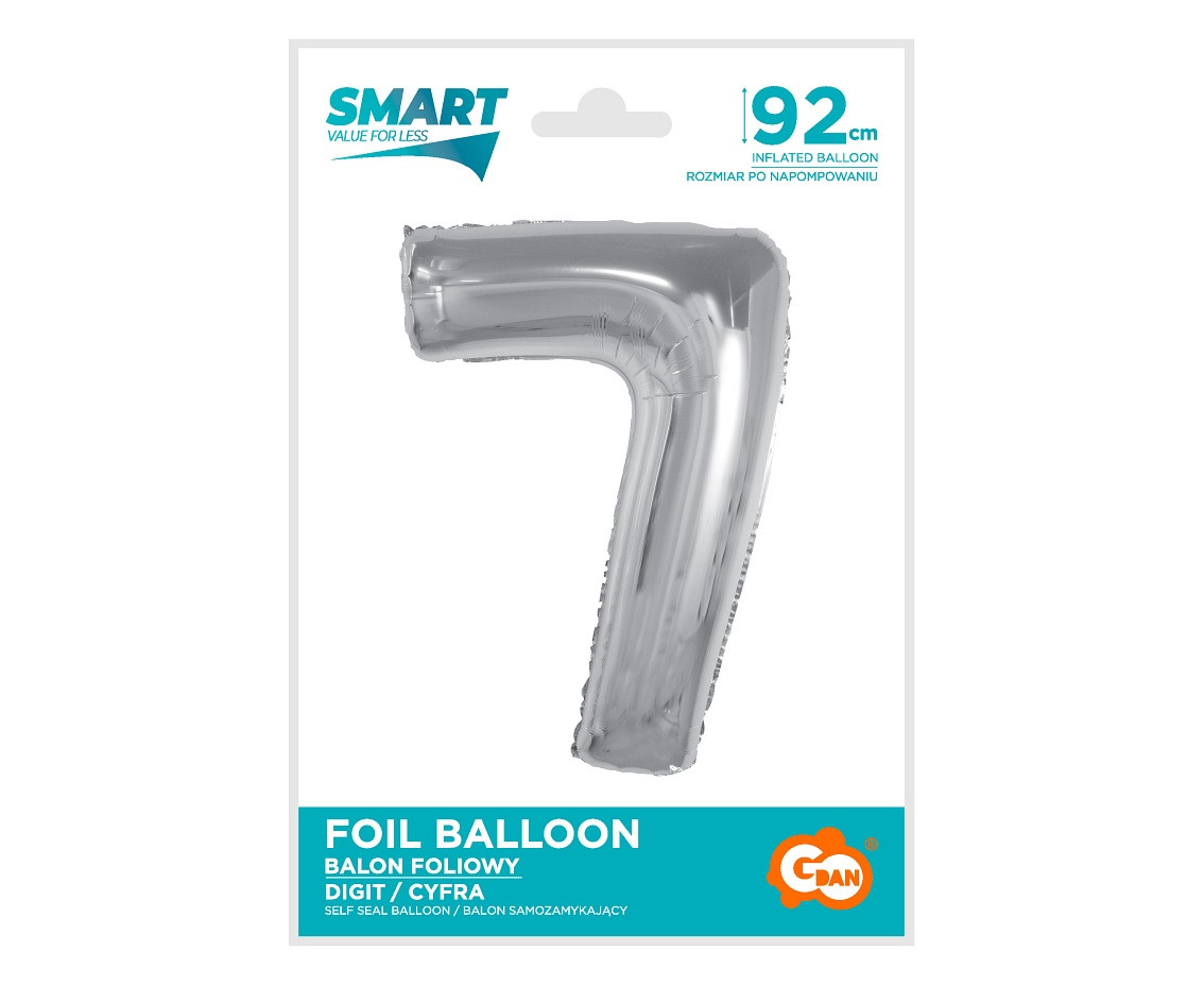 Foil balloon Smart, number 7, silver, 92 cm EOL