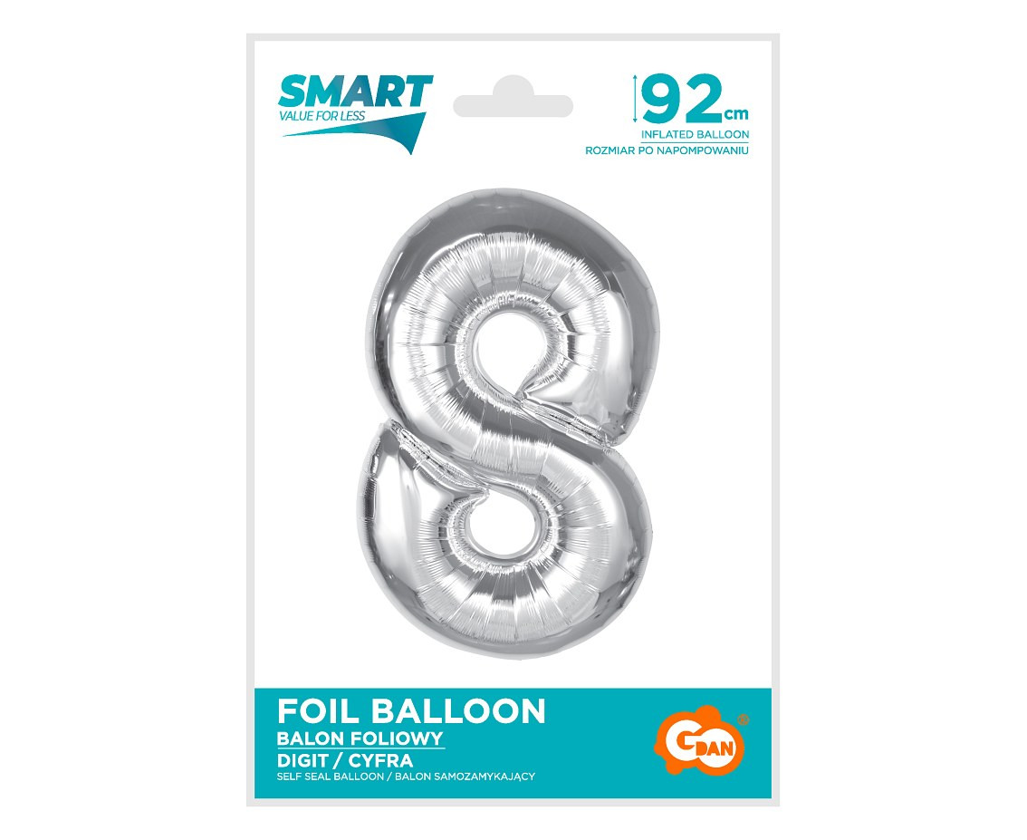 Foil balloon Smart, number 8, silver, 92 cm EOL