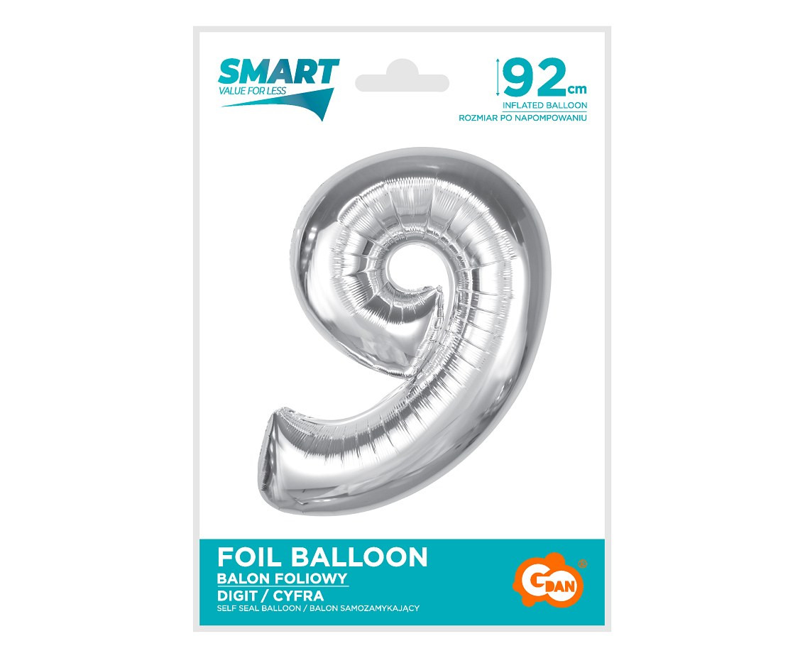 Foil balloon Smart, number 9, silver, 92 cm EOL
