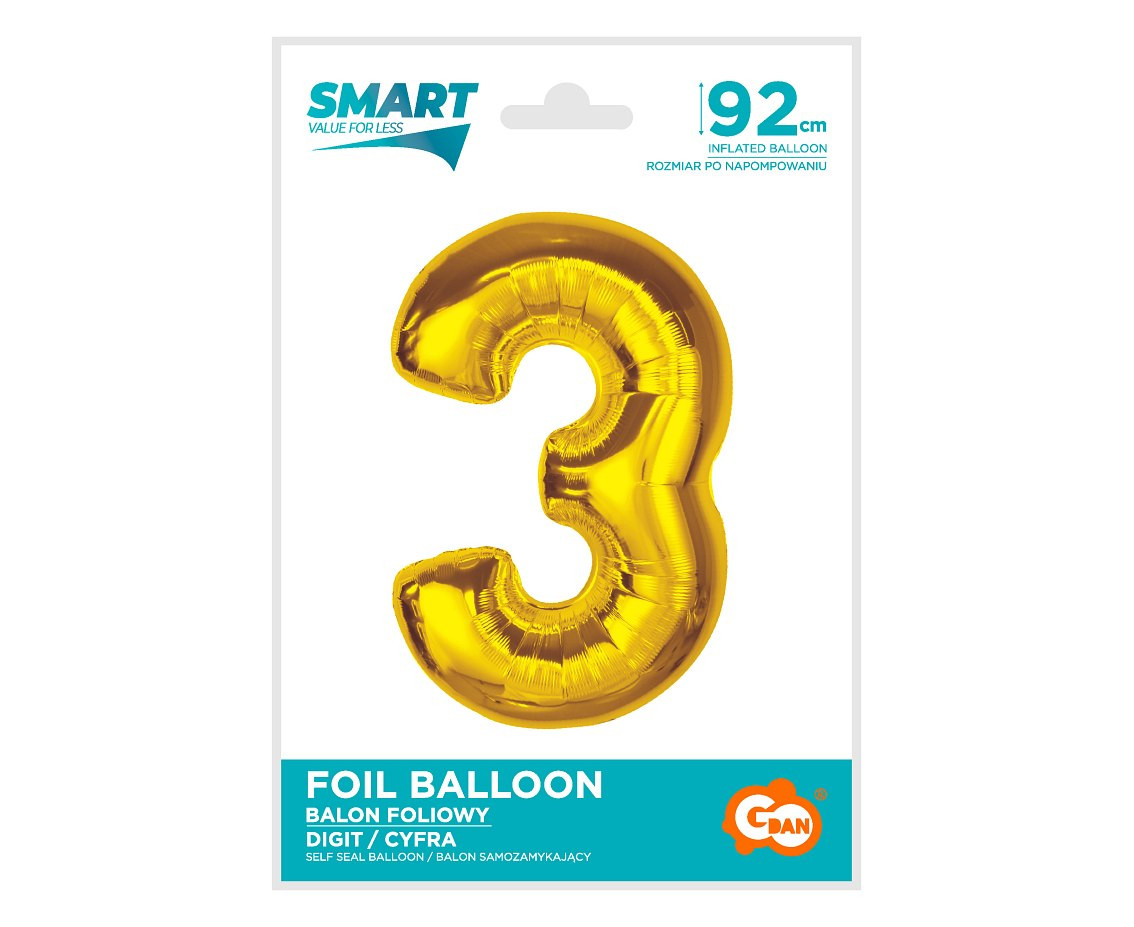 Foil balloon Smart, number 3, gold, 92 cm EOL