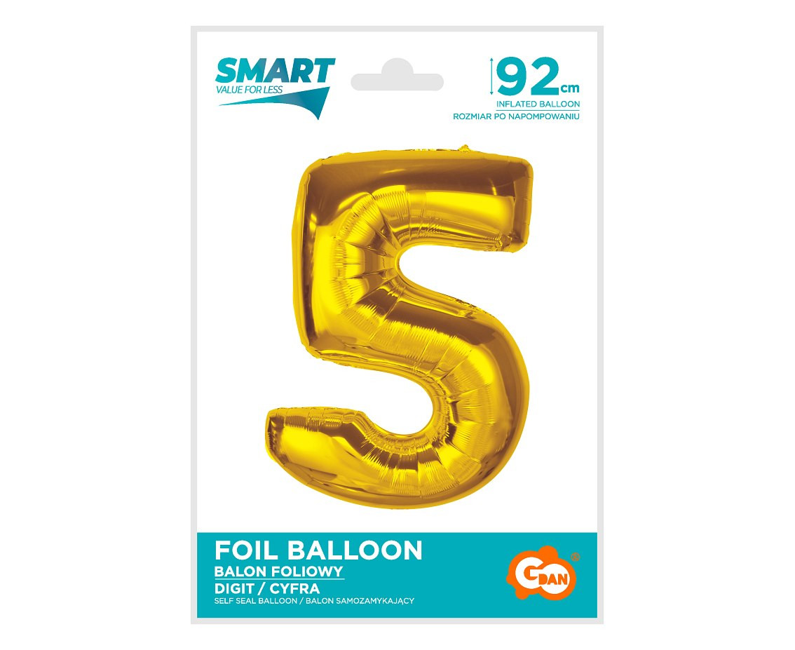 Foil balloon Smart, number 5, gold, 92 cm EOL